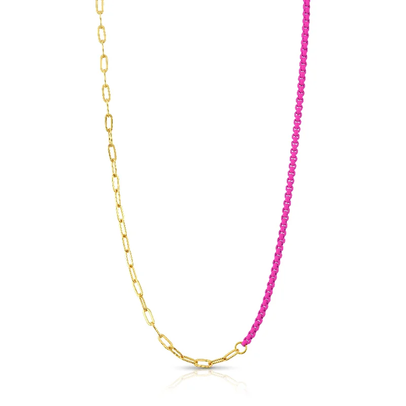 women’s pearl pendant necklaces-HALF & HALF ENAMEL PAPERCLIP NECKLACE, NEON PINK