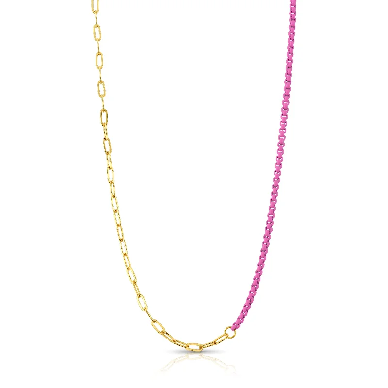 women’s colorful necklaces-HALF & HALF ENAMEL PAPERCLIP NECKLACE, FUCHSIA