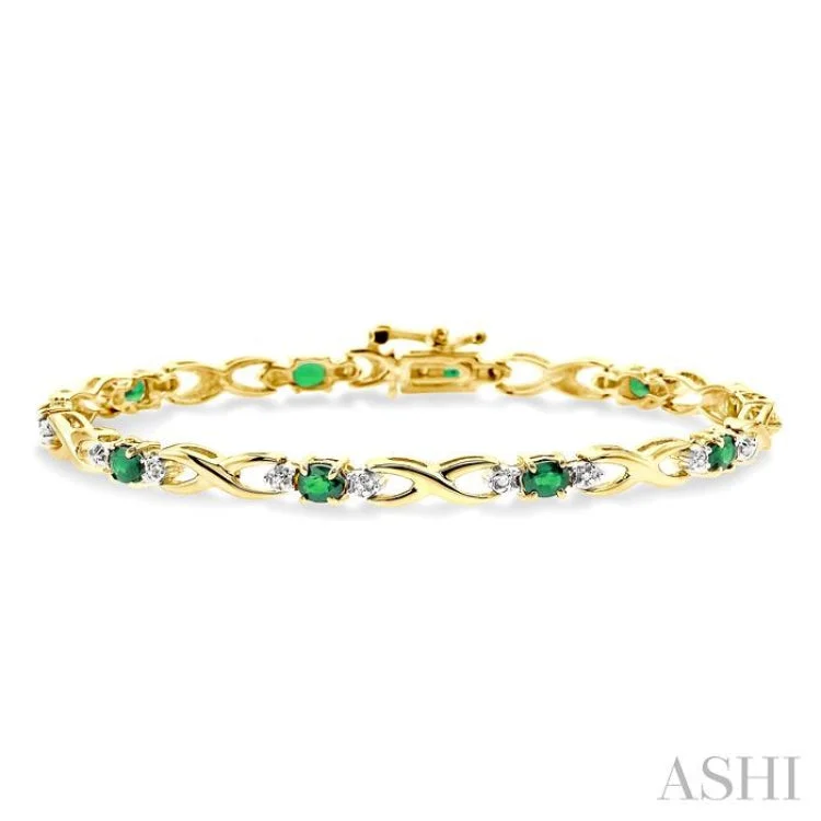 women’s geometric bracelets-4x3mm Oval Cut Emerald and 1/10 Ctw Single Cut Diamond Bracelet in 14K Yellow Gold