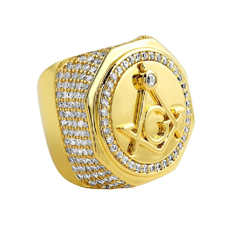 women’s designer rings-Large Masonic CZ Gold Plated Mens Ring