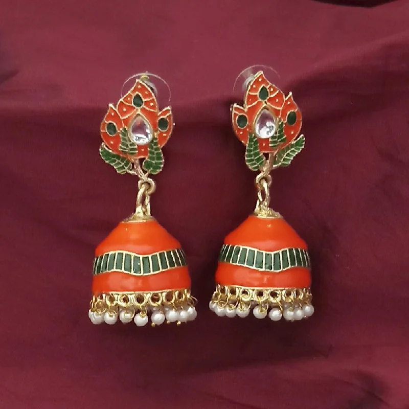 women’s initial earrings-Kriaa Gold Plated Orange Meenakari And Kundan Jhumki Earrings - 1316366H