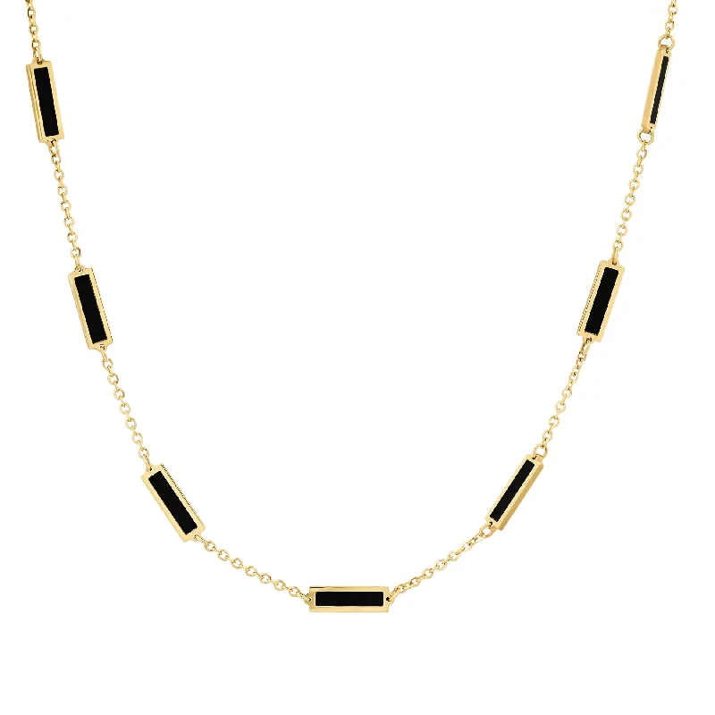 women’s pendant necklaces-9 BAR INLAY DAINTY NECKLACE BLACK ONYX, 14kt GOLD