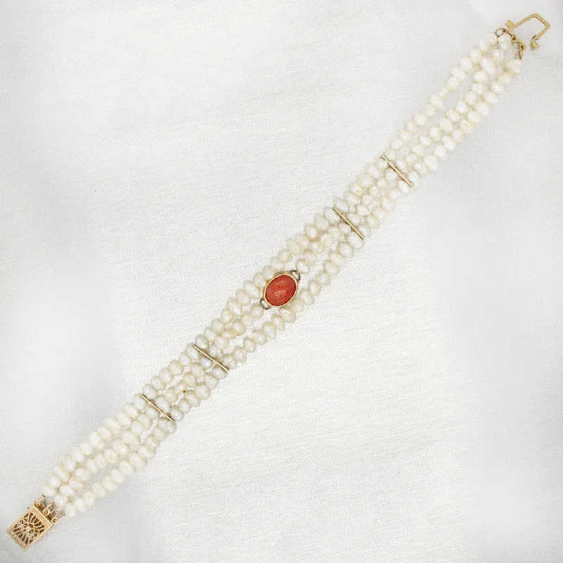 women’s luxury bracelets-Vintage Red Coral and Pearl Beaded Strand Bracelet with 14k Yellow Gold - 7.00"