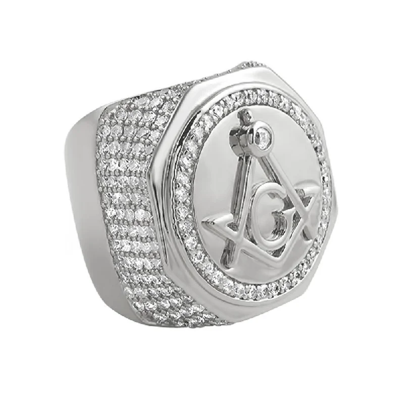 women’s silver rings-Large Masonic Rhodium CZ Mens Ring