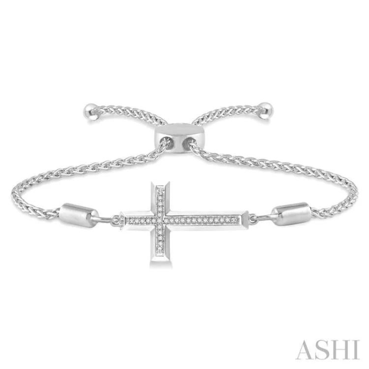 women’s bangles-1/20 Ctw Cross Charm Round Cut Diamond Sterling Silver Lariat Bracelet