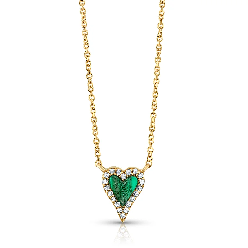 women’s chic necklaces-MALACHITE & DIAMOND HEART DAINTY CHAIN NECKLACE, 14kt Gold