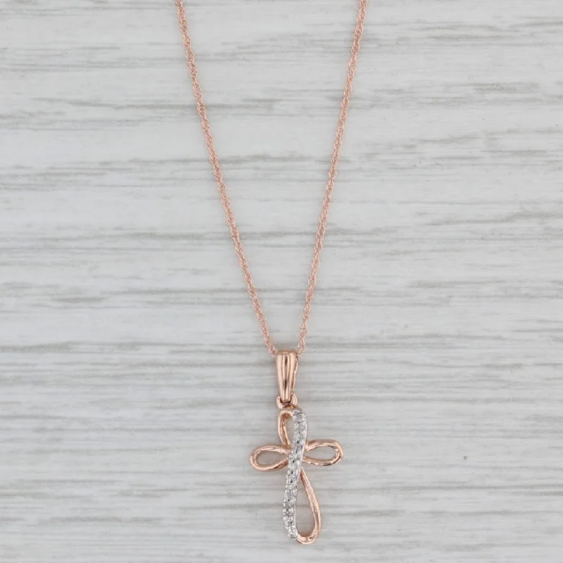 women’s delicate necklaces-Diamond Cross Pendant Necklace 10k Rose Gold 18" Rope Chain 0.8mm