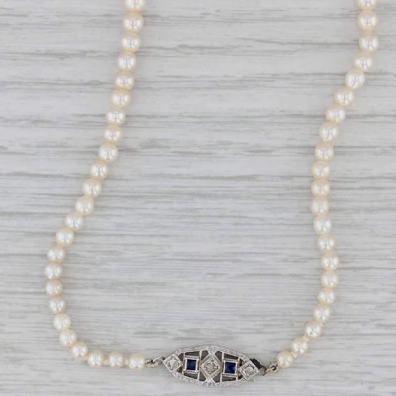 women’s layered gold necklaces-Lab Created Sapphire Diamond Graduated Cultured Pearl Strand Necklace 14k Gold