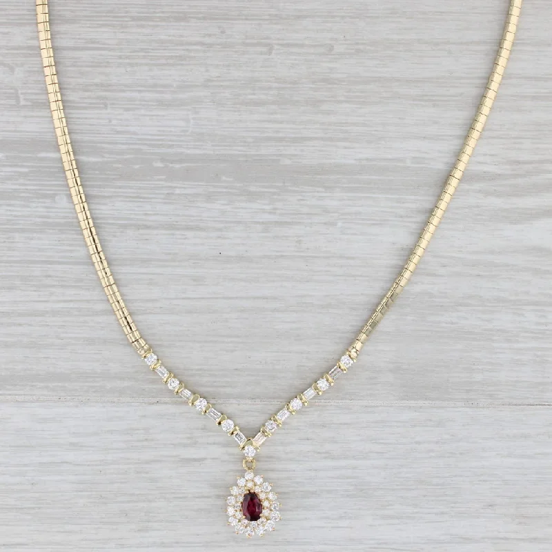 women’s gemstone layered necklaces-3.31ctw Ruby Diamond Halo Teardrop Pendant Necklace 14k Gold 17" Omega Chain