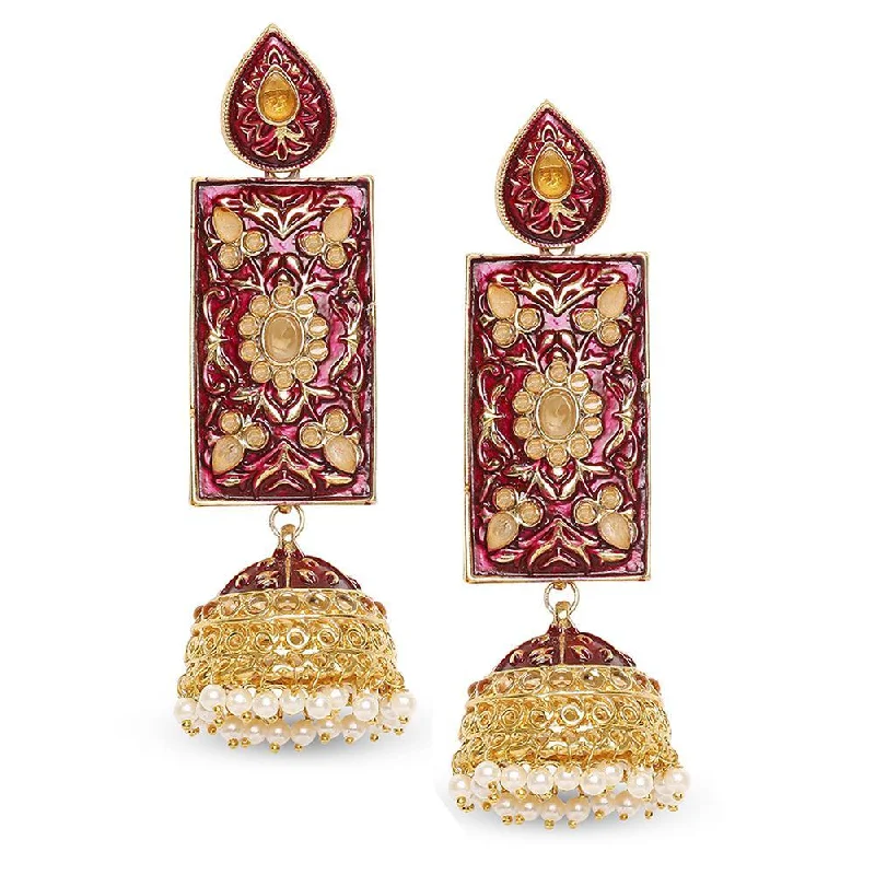 women’s clip-on earrings-Mahi Red Meenakari Work Enamelled Rectangular Dangle Jhumka Earrings with Artificial Pearl for Women (ER1109742GRed)