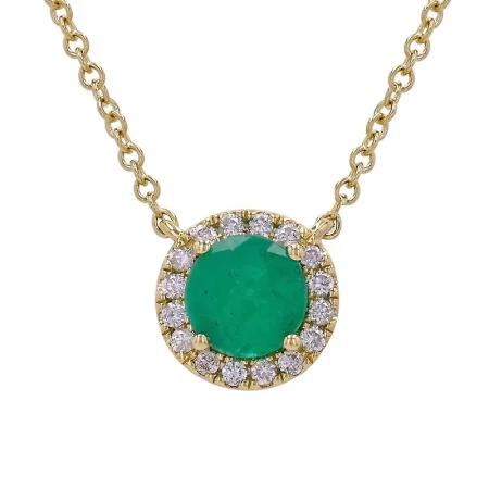 women’s letter necklaces-14K Yellow Gold Round Emerald with Diamond Halo Necklace