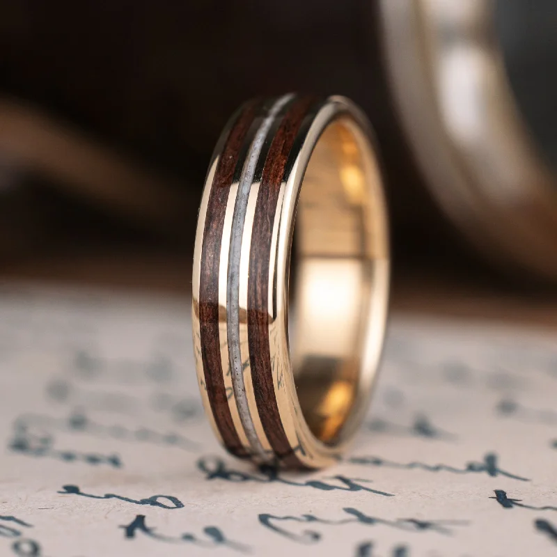 women’s modern engagement rings-(In-Stock) The Stag in Gold | Men's 10k Yellow Gold Elk Antler Wedding Band with Walnut Wood - Size 10.5 | 6mm Wide