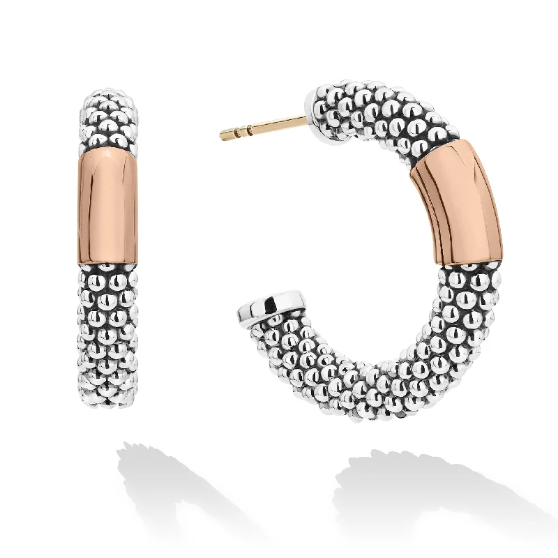 women’s gemstone drop earrings-Rose Gold Station Caviar Hoop Earrings