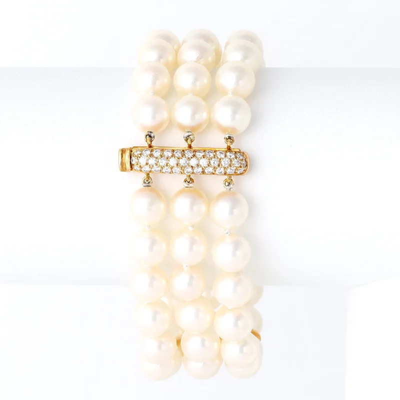 women’s stacking bangles-Vintage Pearl Diamond 18k Yellow Gold Three Strand Bracelet