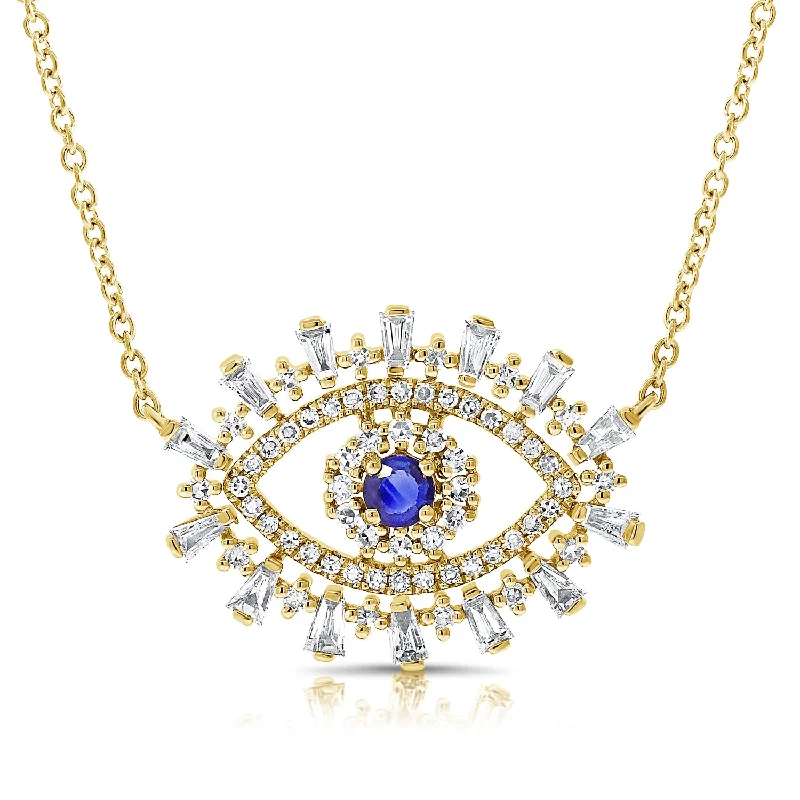 women’s gold chain necklaces-14K Yellow Gold Diamond + Sapphire Evil Eye Necklace