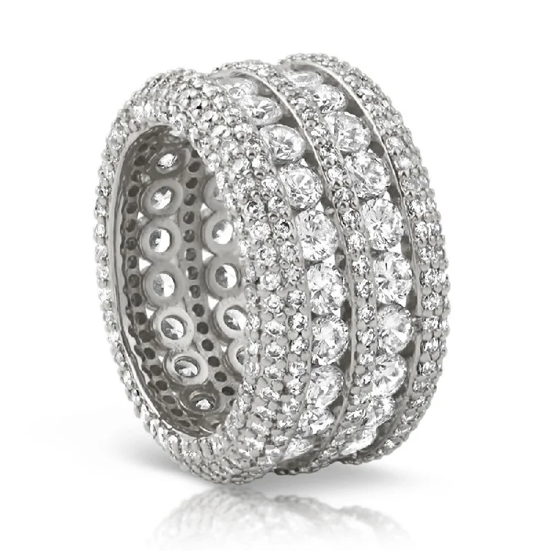 women’s wedding band rings-.925 Silver Ultimate Boss Bling Bling CZ Eternity Mens Ring in Rhodium