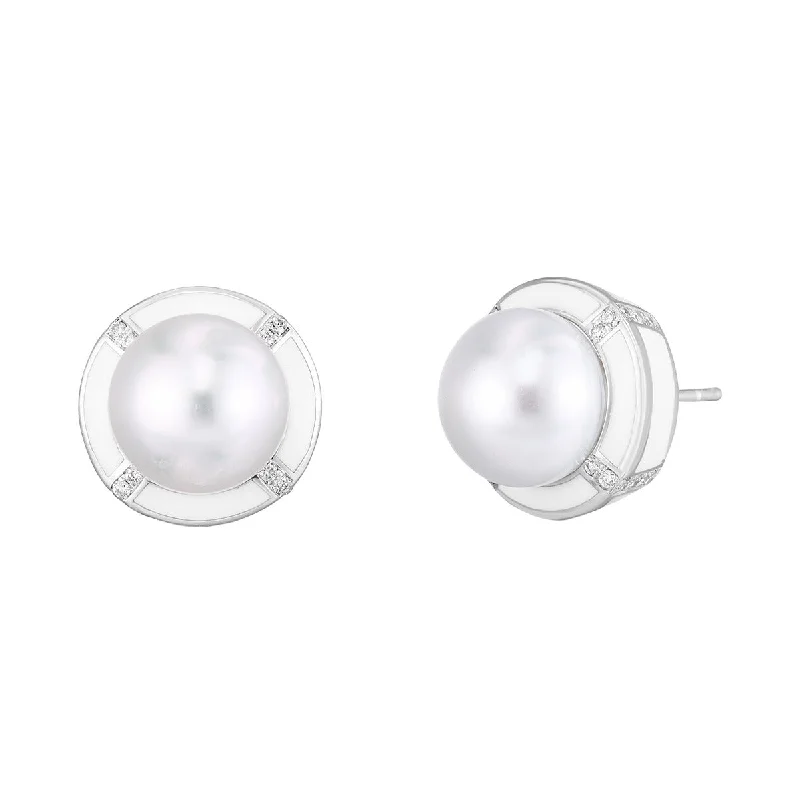 women’s clip-on earrings-South Sea Pearl and Diamond Stud Earrings with Ceramic White Enamel