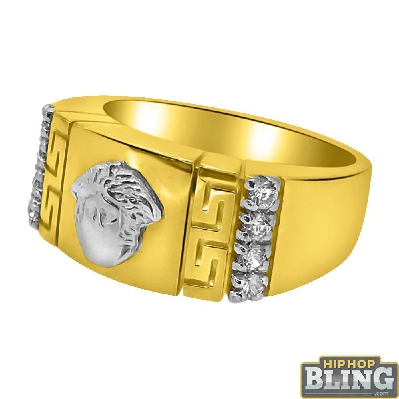 women’s matching wedding rings-10K Gold 2 Tone Medusa Greek Bar Pattern CZ Ring