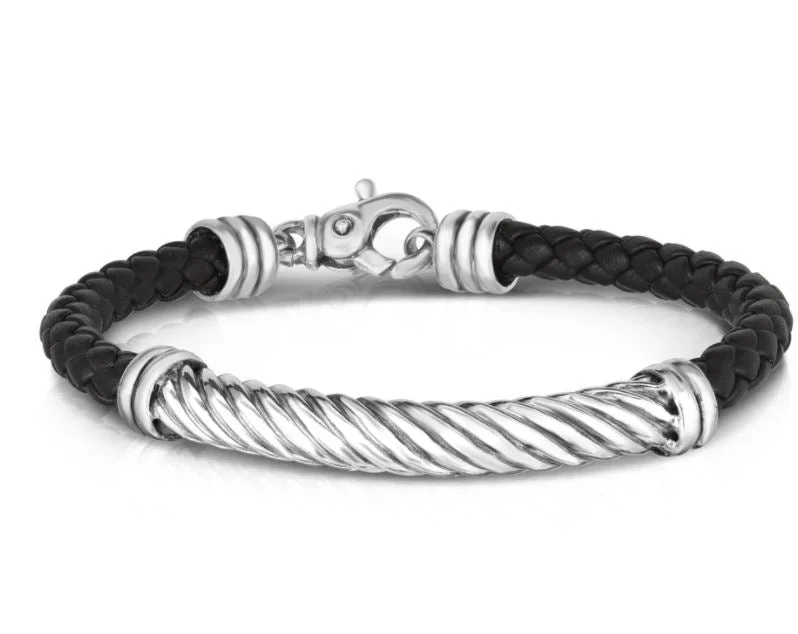 women’s mixed metal bracelets-Sterling Silver Men's Twisted Cable Leather Bracelet