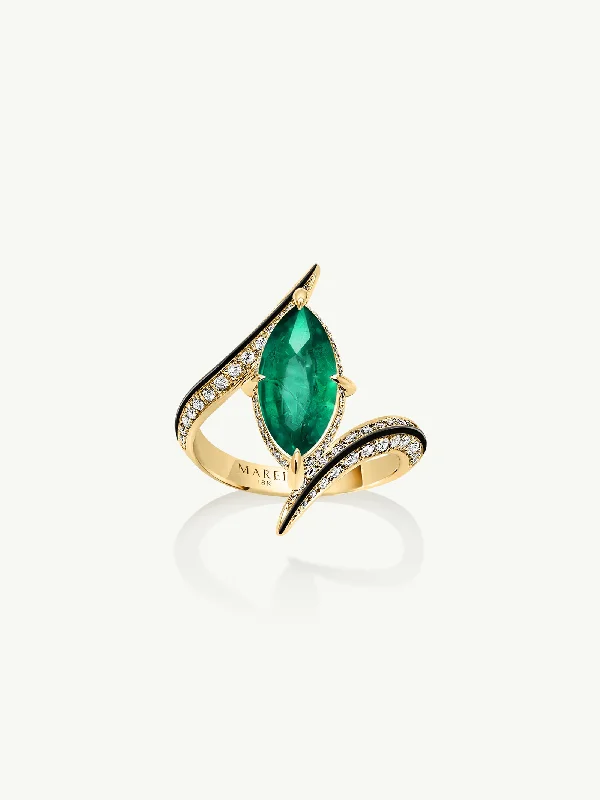 women’s silver engagement rings-Ayla Arabesque Brilliant Marquise-Cut Emerald Ring With Pavé White Diamonds & Enamel In 18K Yellow Gold