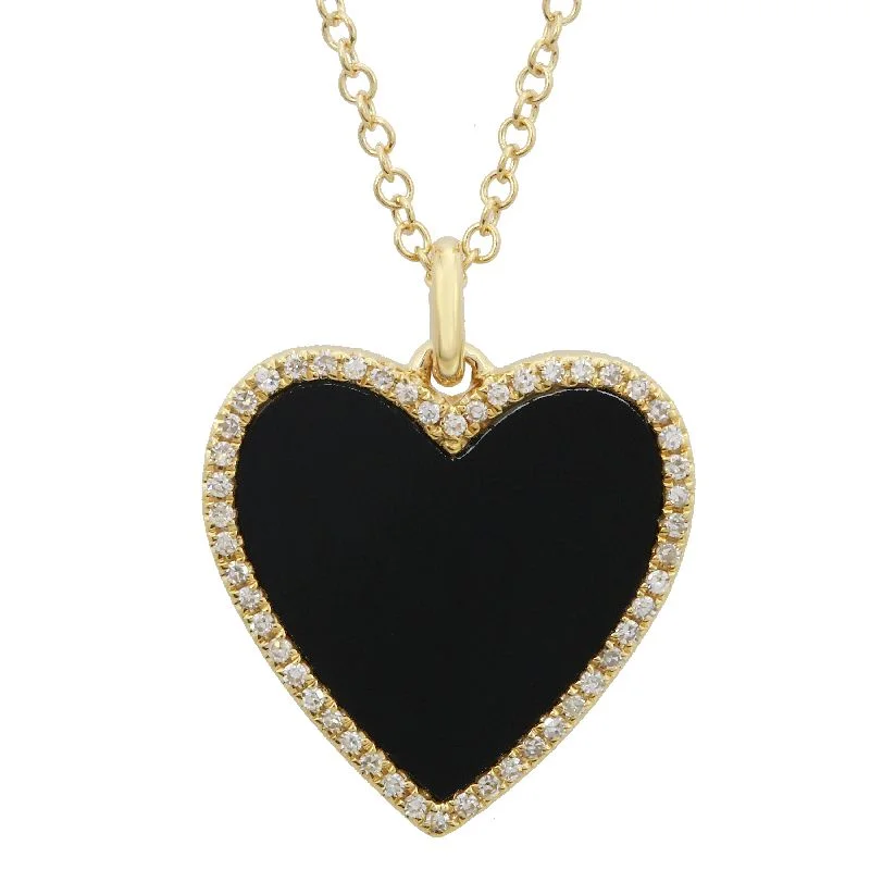 women’s silver chain necklaces-14k Yellow Gold Diamond Onyx Heart Necklace