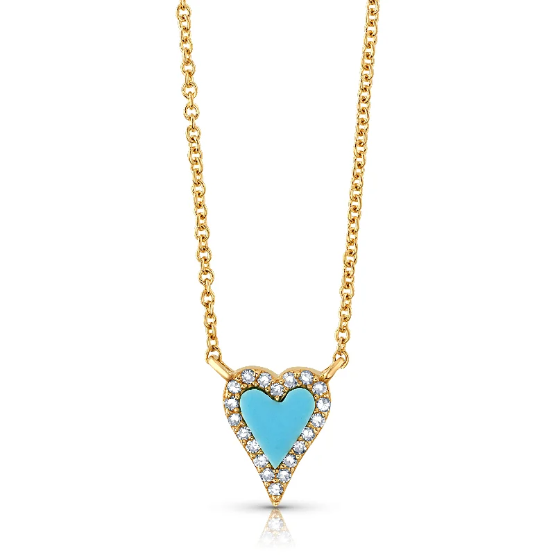 women’s bridal pendant necklaces-TURQUOISE & DIAMOND HEART DAINTY CHAIN NECKLACE, 14kt Gold