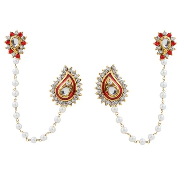 women’s luxury earrings-Kriaa Kundan Red Austrian Stone Pearl Chain Ear Cuff - 1305631