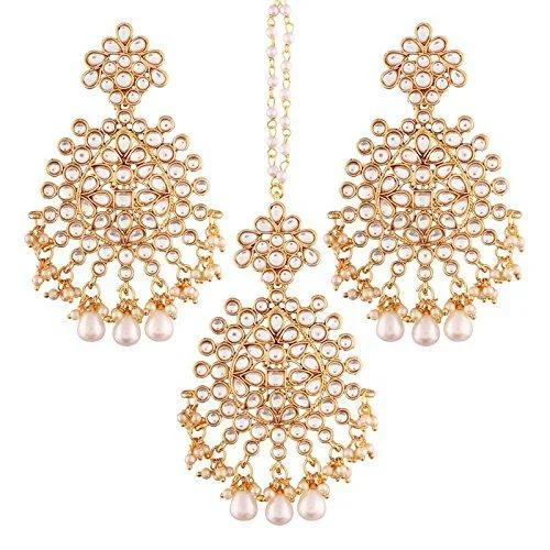 women’s stacked earrings-Etnico Gold Plated Kundan & Pearl Earring Set with Maang Tikka for Women (TE2497W)