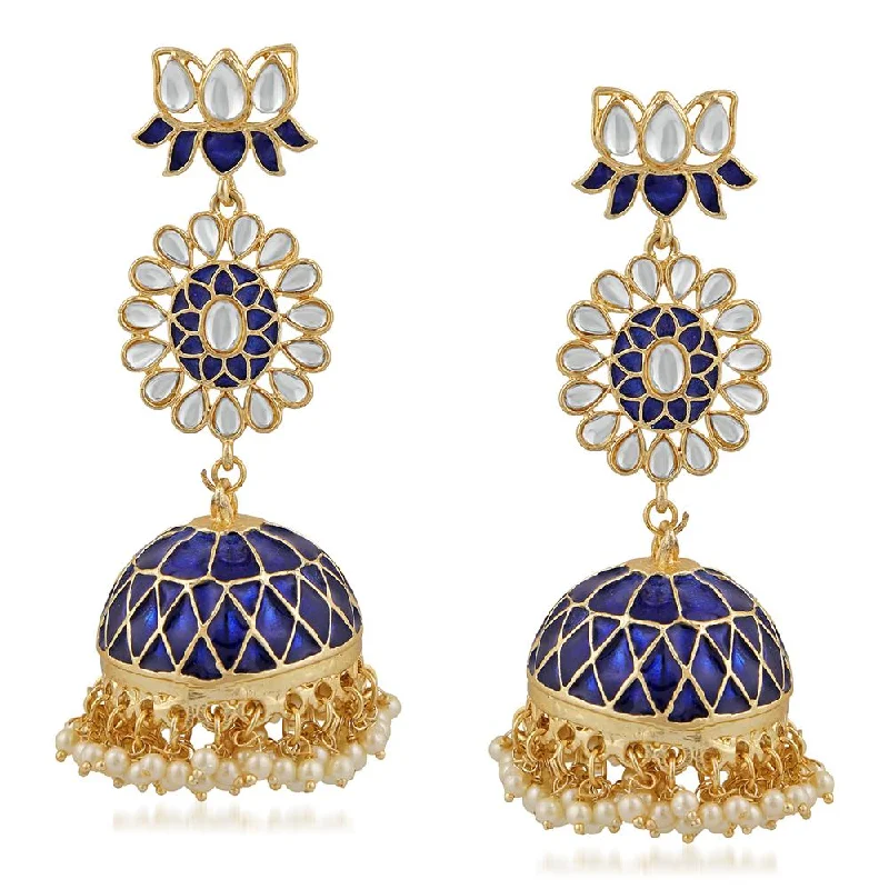 women’s flower earrings for brides-Mahi Ethnic White Kundan Lotus Flower Shaped Blue Meenakari Work Dangler Jhumki Earring For Women VECJ100206BLU