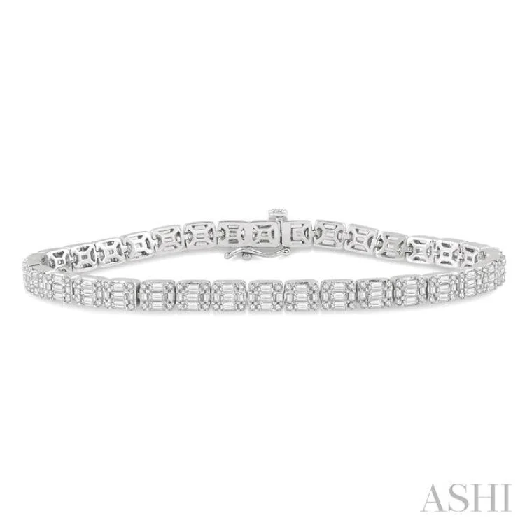 women’s rhinestone bracelets-3 1/4 Ctw Fusion Baguette and Round Cut Diamond Tennis Bracelet in 14K White Gold