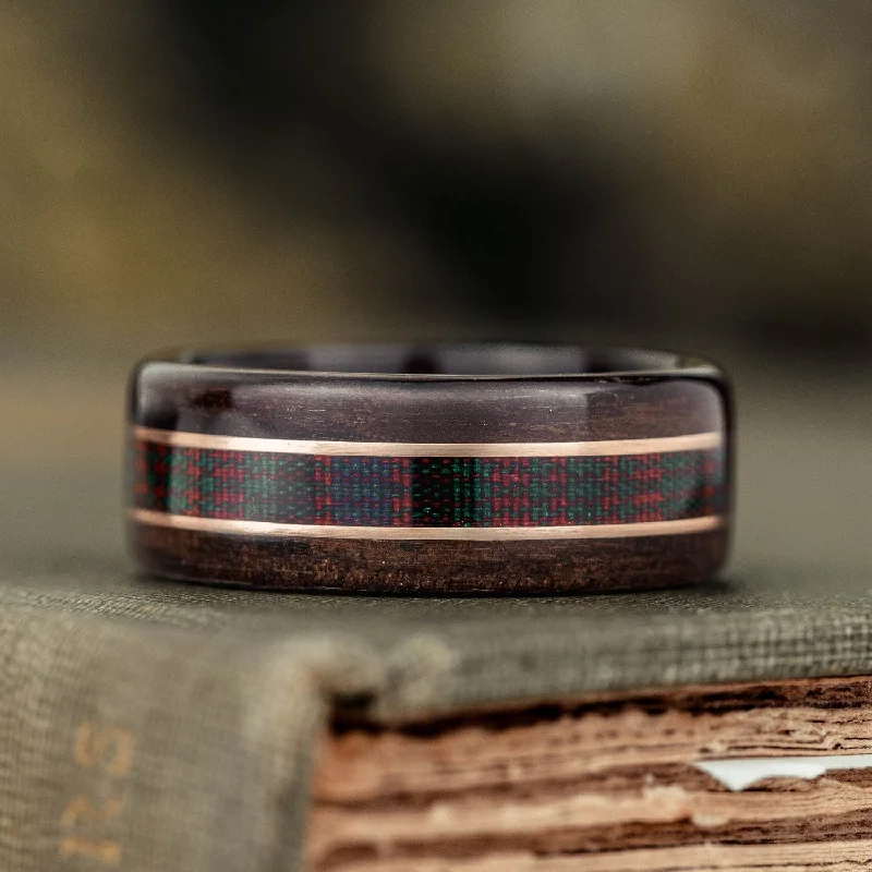 women’s gold engagement rings-The MacDonald Tartan | Men's Rosewood Wedding Band with Tartan & Dual Metal Inlays