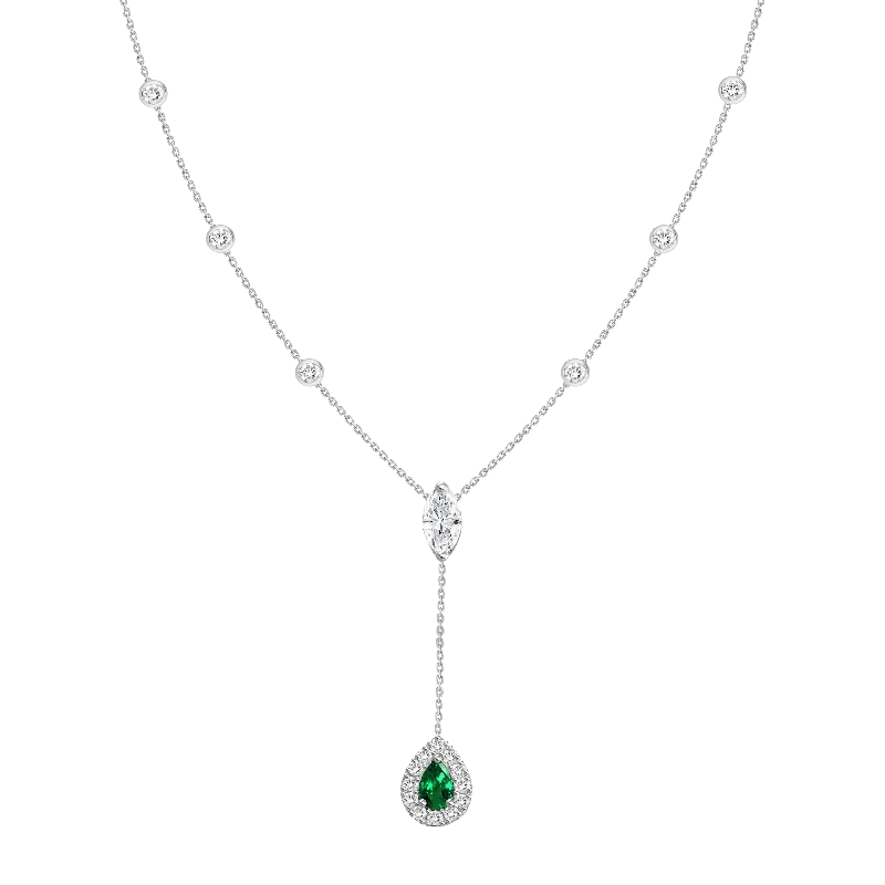 women’s luxury pearl necklaces-18K White Gold Diamond + Emerald Y Necklace