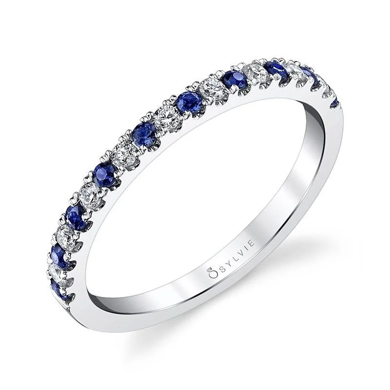 women’s cushion halo engagement rings-14K White Gold 0.26ctw Blue Sapphire & Diamond Alternating Wedding Band