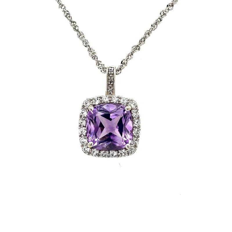 women’s diamond pendant necklaces-Estate 10K Cushion Amethyst Halo Style Necklace