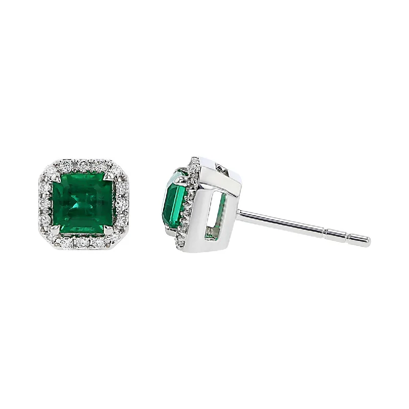 women’s unique earrings-Salavetti Emerald and Diamond Halo Stud Earrings