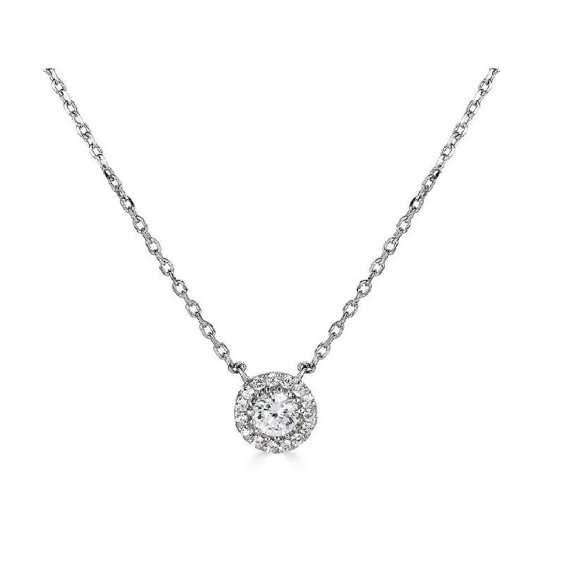 women’s statement gold necklaces-14K White Gold Diamond Halo Solitaire Necklace