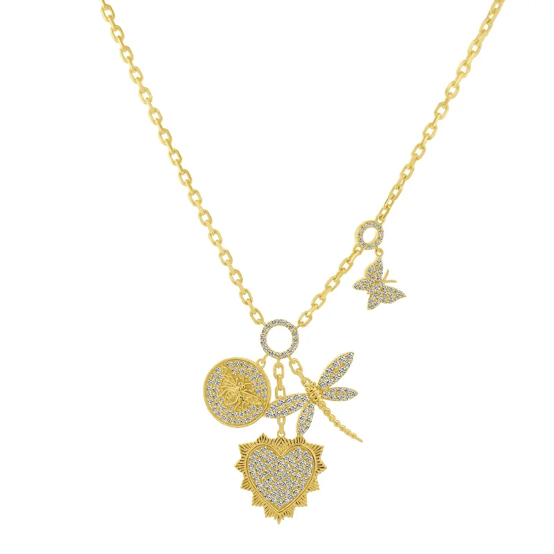 women’s matching necklaces-14K YELLOW GOLD & DIAMOND MULTI CHARM( HEART, BEE, DRAGONFLY, BUTTERFLY) NECKLACE