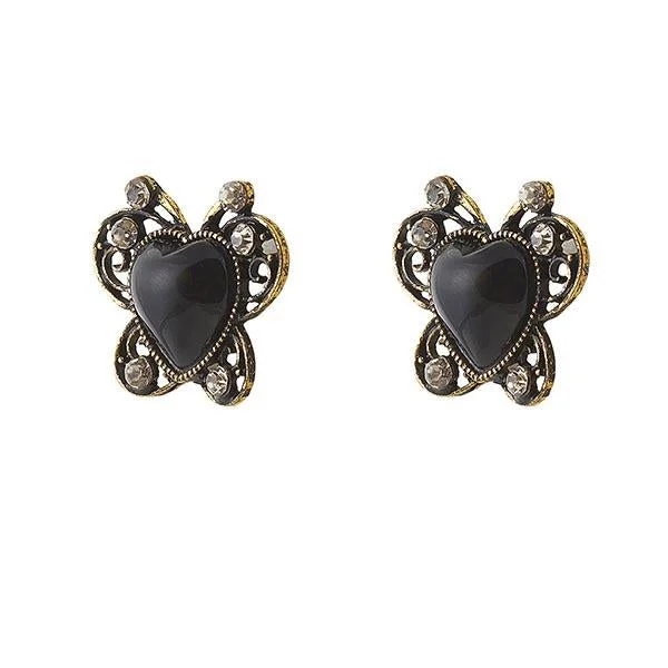 women’s gold hoop earrings-Urbana Black Heart Antique Gold Plated  Stud Earrings - 1306516