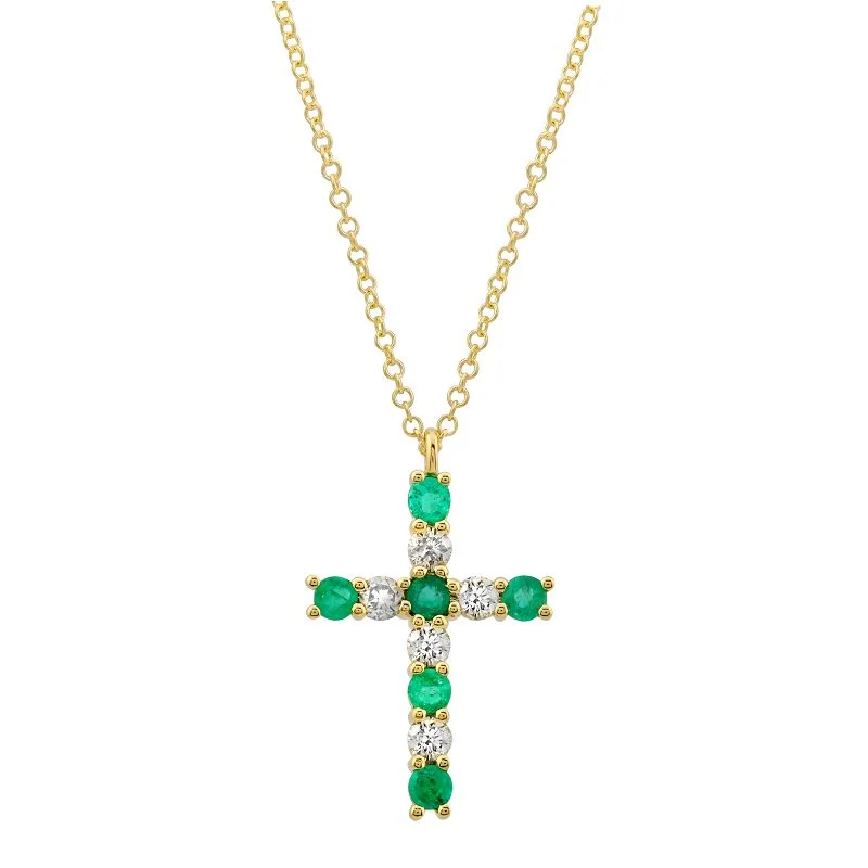 women’s gemstone and diamond necklaces-14k Yellow Gold Diamond and Emerald Cross Necklace