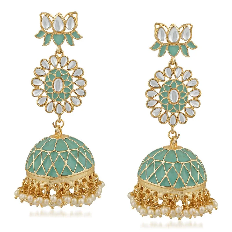 women’s double hoop earrings-Mahi Ethnic White Kundan Lotus Flower Shaped Green Meenakari Work Dangler Jhumki Earring For Women VECJ100206FRZ