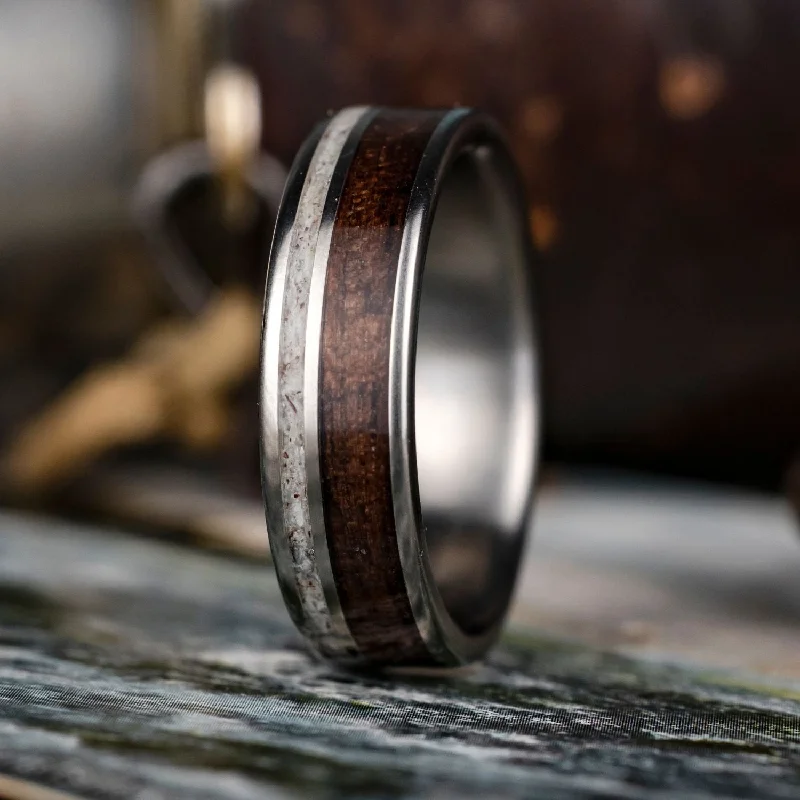 women’s pear-shaped engagement rings-(In-Stock) The High Country | Men's Antique Walnut, Elk Antler, & Titanium Wedding Band - Size 11.5 | 7mm Wide