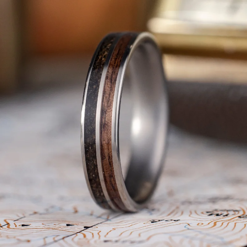 women’s double halo engagement rings-(In-Stock) The Great War | Men's Titanium Wedding Band with Rifle Stock Wood & WWI Uniform - Size 11 | 5mm Wide