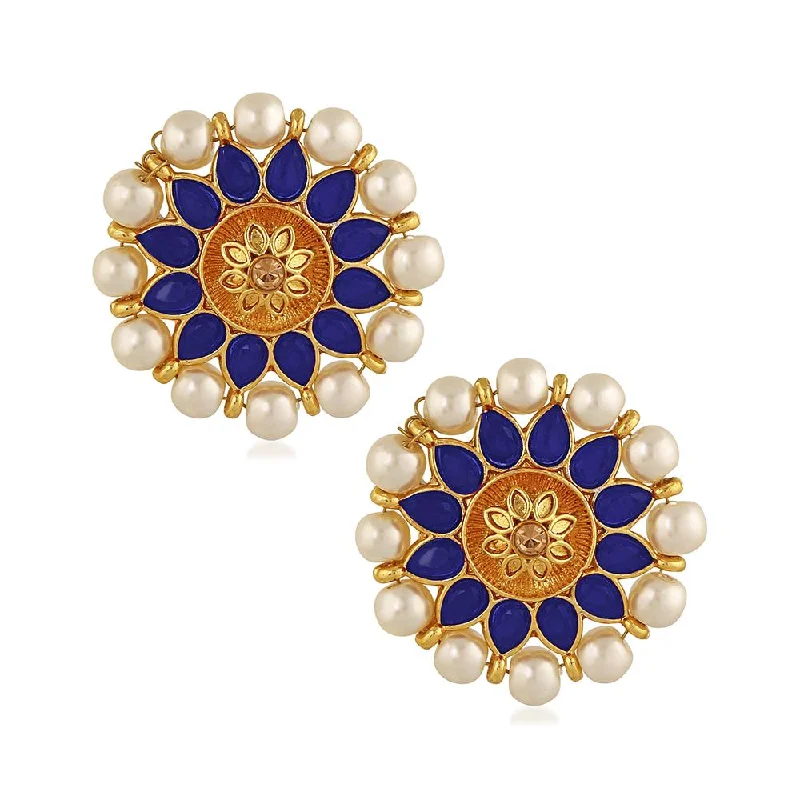 women’s custom earrings-Mahi Blue Meenakari Work Traditional Floral Earring with Kundan for Women (VECJ100218Blu)