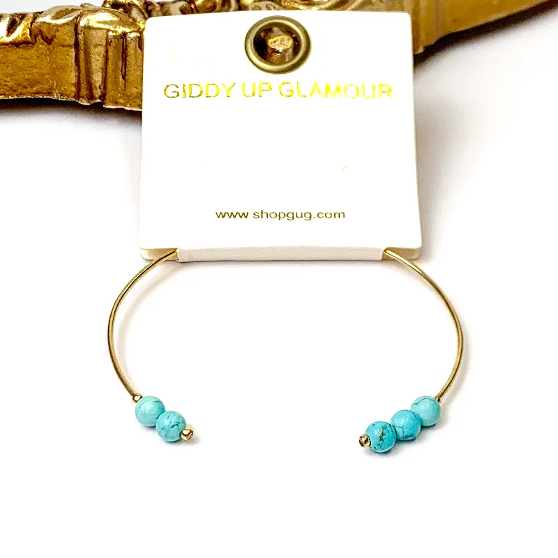 women’s handmade bracelets-Thin Wire Bangle with Beaded Turquoise Ends in Gold Tone