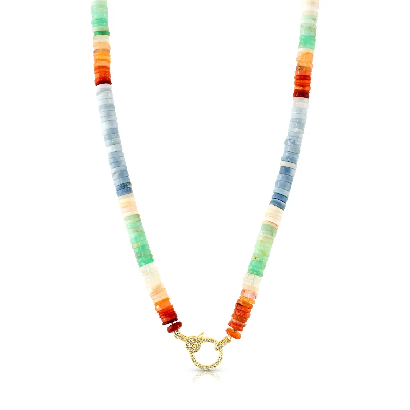 women’s silver choker necklaces-MULTI COLOR OPAL FRONT CLASP BEADED NECKLACE 17", 14KT GOLD