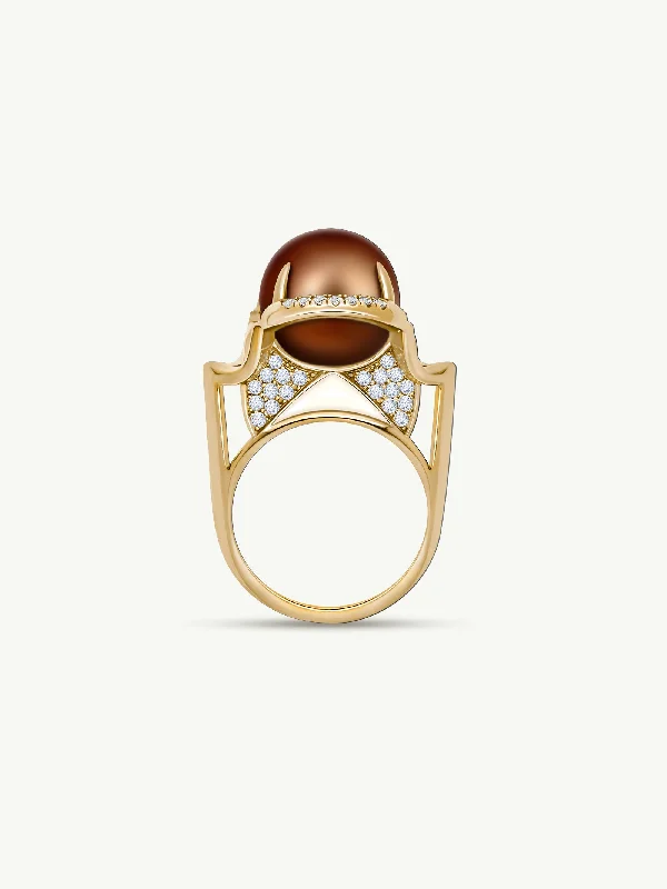 women’s thick band rings-Isis Goddess Ring With Japanese Akoya Chocolate Pearl & Pavé-Set Brilliant White Diamonds In 18K Yellow Gold