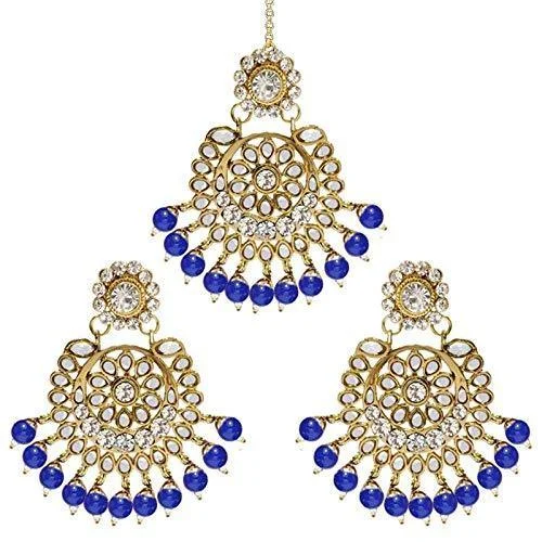 women’s cute earrings-Etnico Gold Plated Traditional Kundan Pearl Earrings & Maang Tikka for Women (TE2501BL)