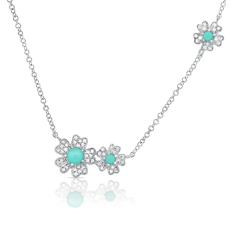 women’s gold chain necklaces-14K White Gold Diamond and Turqouise Flower Necklace