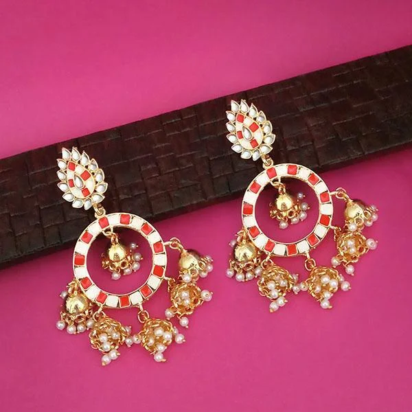 women’s artistic earrings-Kriaa Gold Plated Red Kundan Dangler Jhumki Earrings - 1316322C