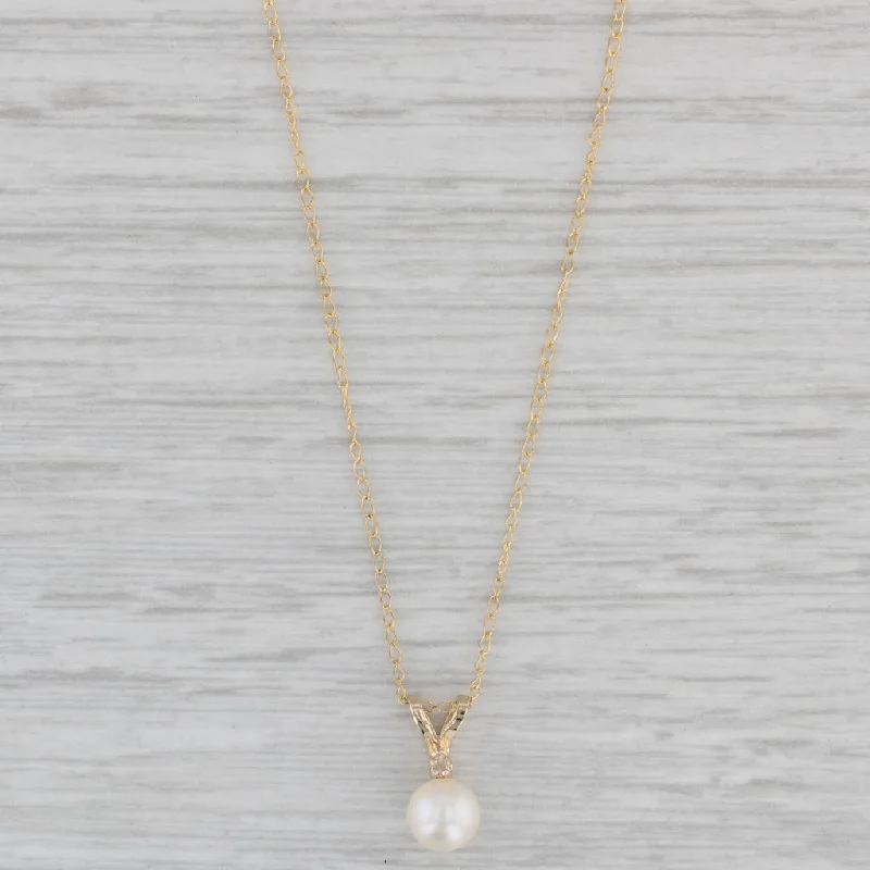 women’s gemstone layered necklaces-Cultured Pearl Diamond Pendant Necklace 14k Yellow Gold 18.5" Curb Chain